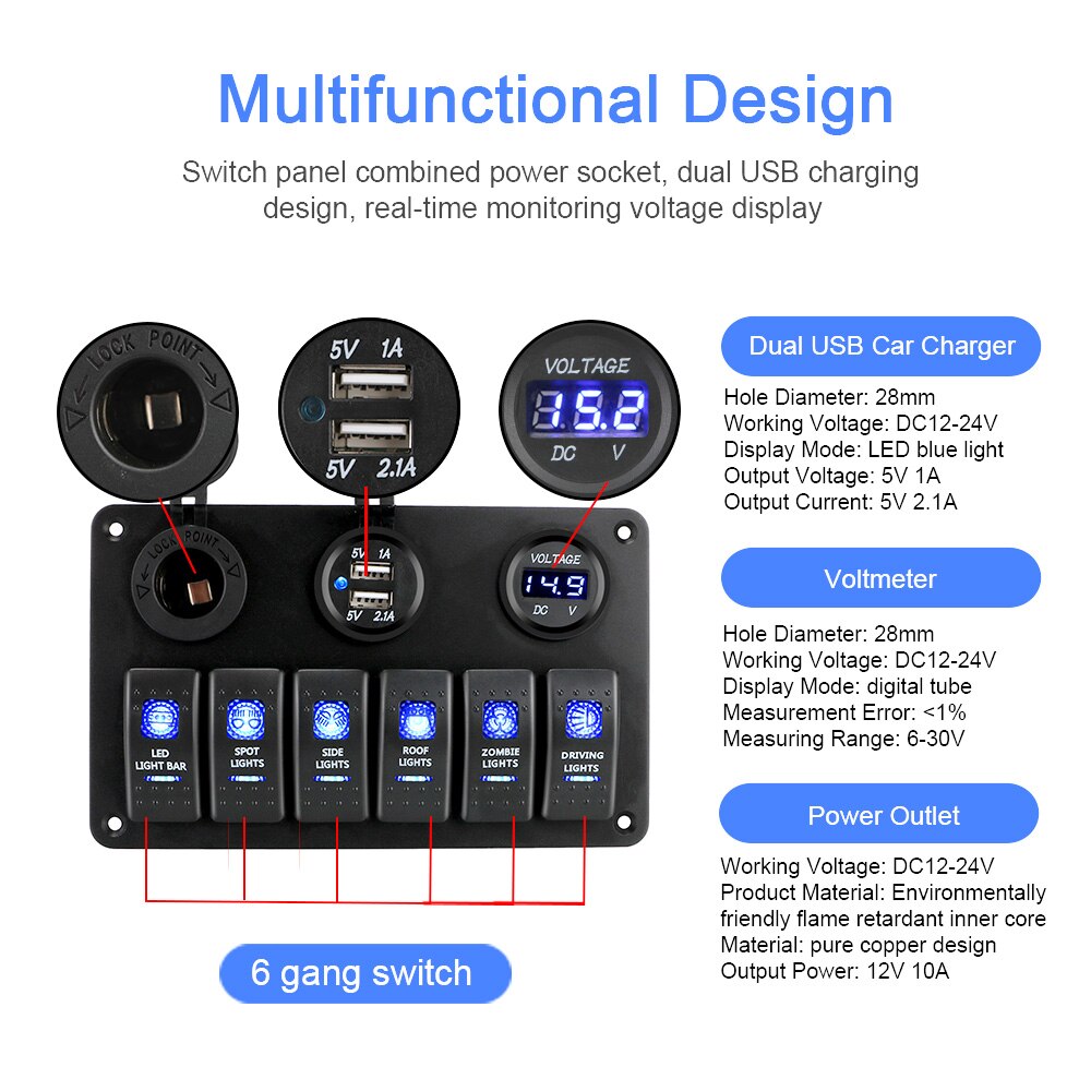 6 Gang Rocker Switch Panel ON/OFF Lights, LED Digital Voltmeter and Dual USB DC 12V/24V