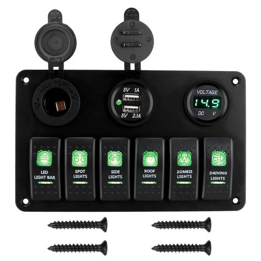 6 Gang Rocker Switch Panel ON/OFF Lights, LED Digital Voltmeter and Dual USB DC 12V/24V