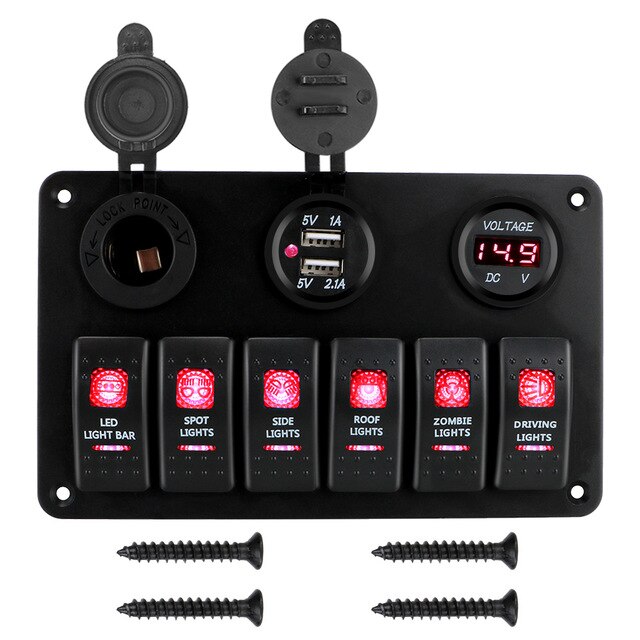 6 Gang Rocker Switch Panel ON/OFF Lights, LED Digital Voltmeter and Dual USB DC 12V/24V