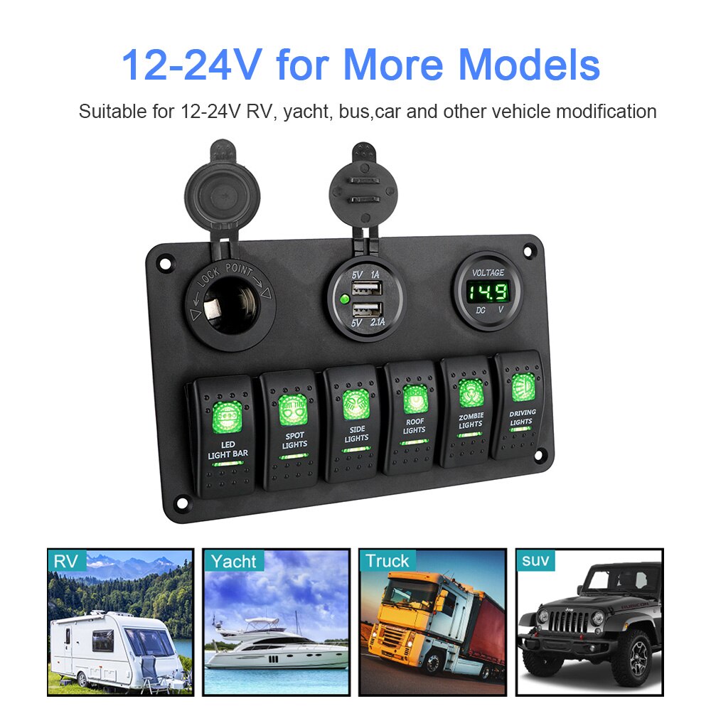 6 Gang Rocker Switch Panel ON/OFF Lights, LED Digital Voltmeter and Dual USB DC 12V/24V