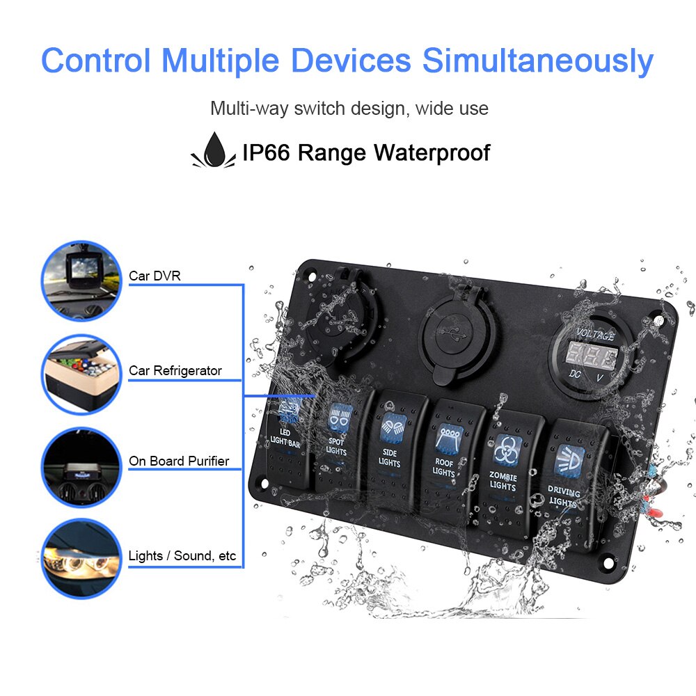 6 Gang Rocker Switch Panel ON/OFF Lights, LED Digital Voltmeter and Dual USB DC 12V/24V